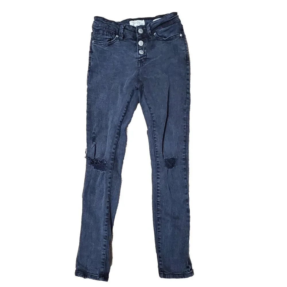 Jessica Simpson Girls Sz 10 Mid-Rise Emma Destructed Skinny Jeans Black Wash